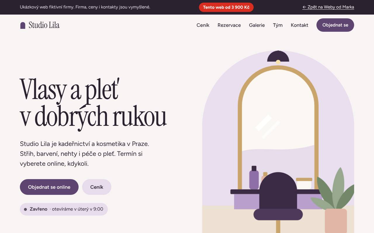 Ukázkový web kadeřnictví a kosmetiky na počítači